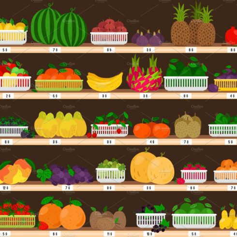 Fruits supermarket shelves. Food cover image.