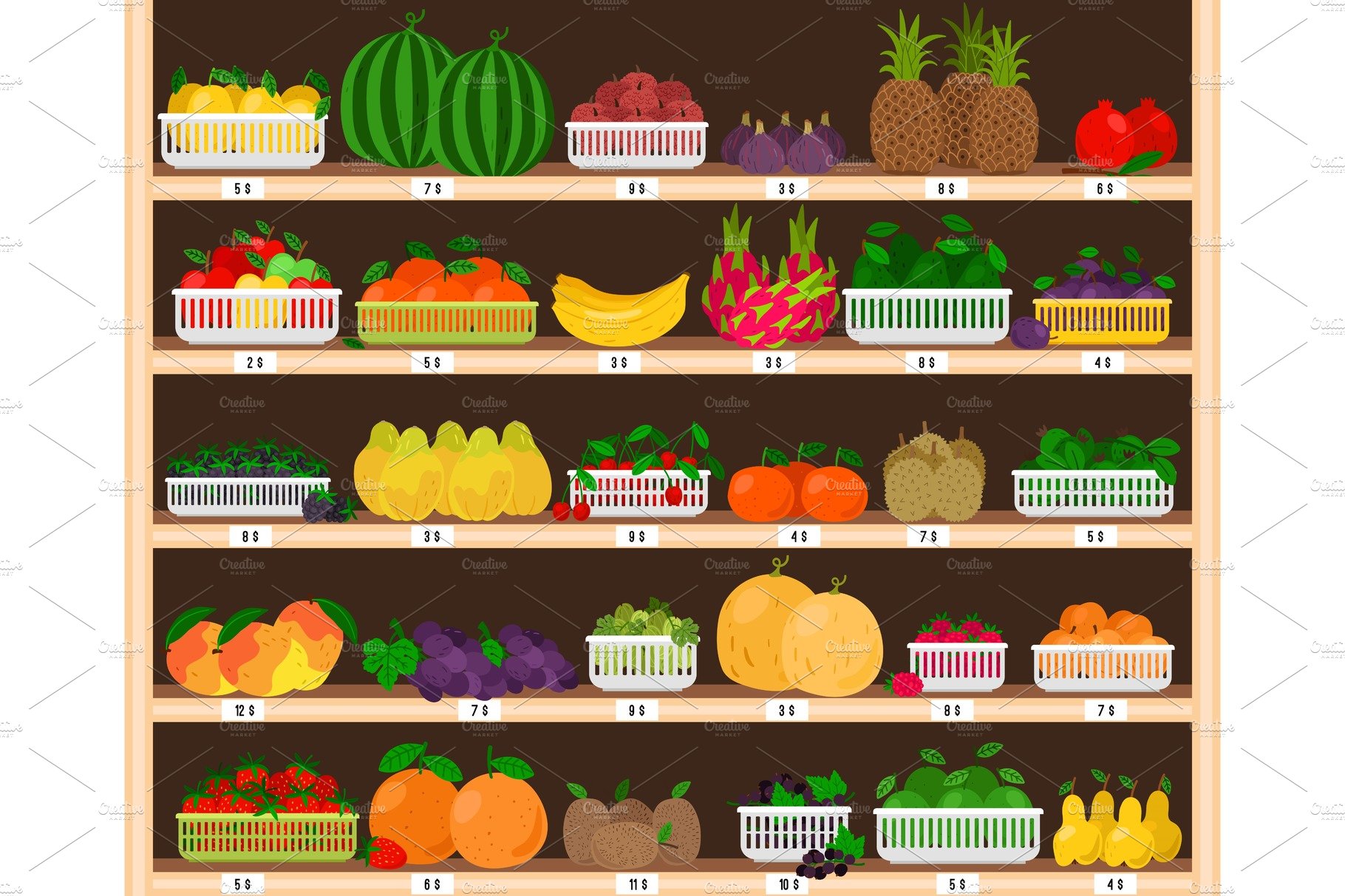Fruits supermarket shelves. Food cover image.