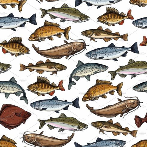 Sea fish, ocean seafood pattern cover image.