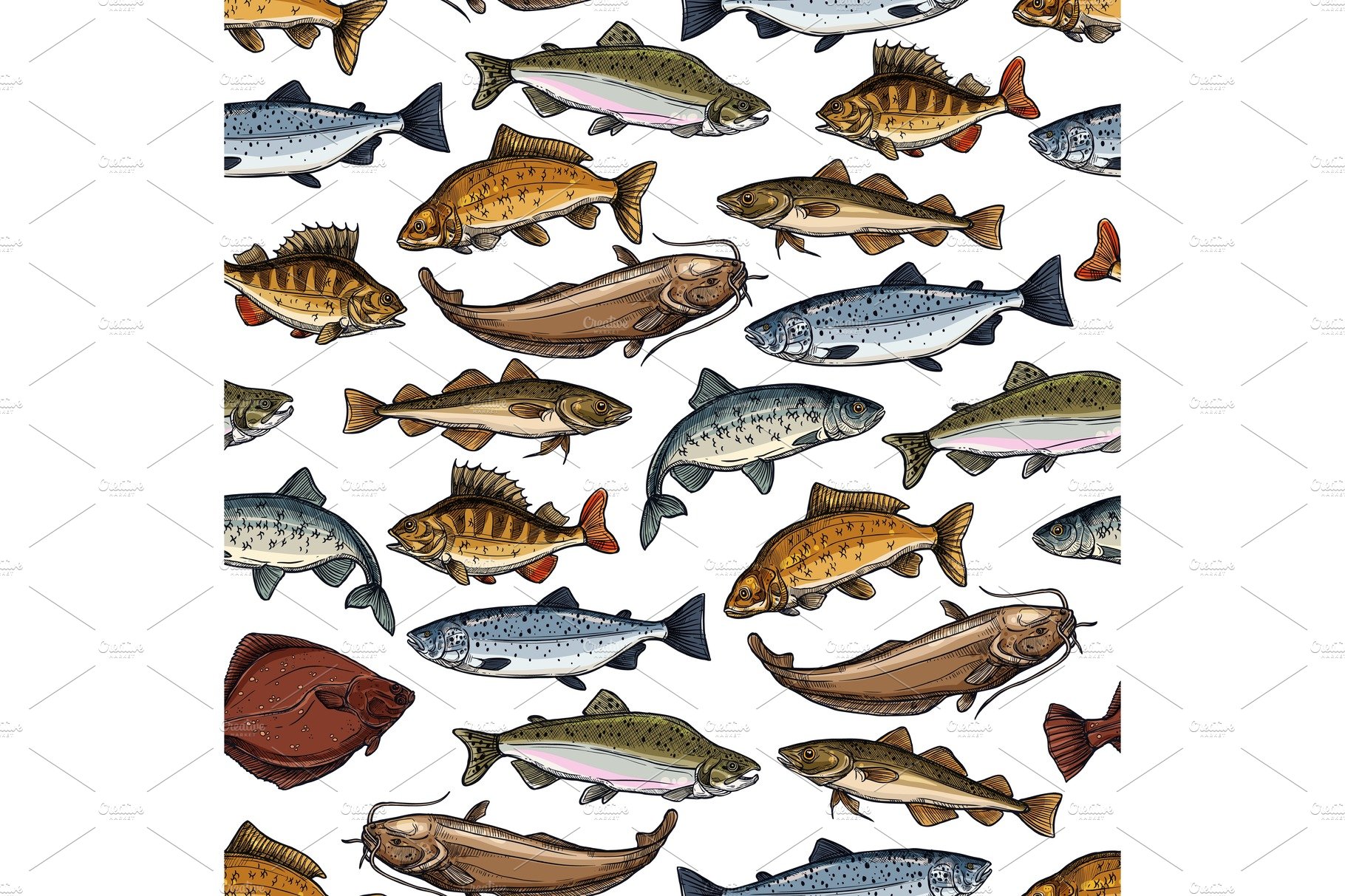Sea fish, ocean seafood pattern cover image.