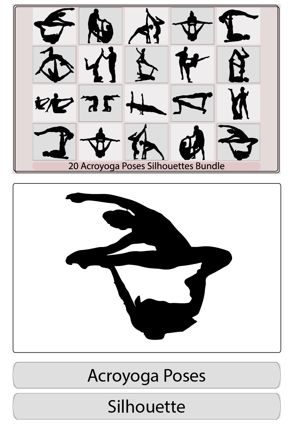 silhouettes of man and woman in various acroyoga positions,Gymnasts and athletes,illustration of men and women in an acroyoga session, pinterest preview image.