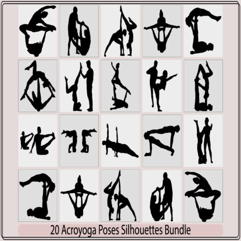 silhouettes of man and woman in various acroyoga positions,Gymnasts and athletes,illustration of men and women in an acroyoga session, cover image.