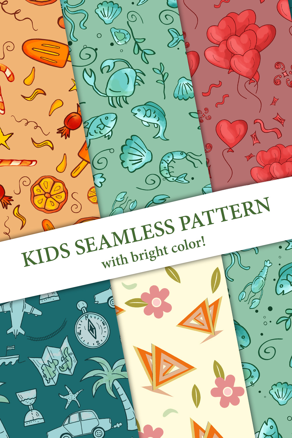 Adorable and playful Kids seamless pattern pinterest preview image.