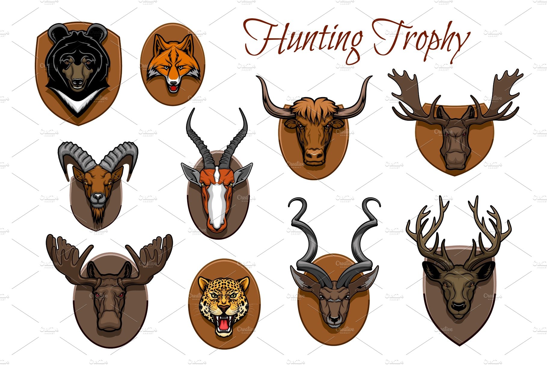 Hunting sport trophy, animal heads cover image.