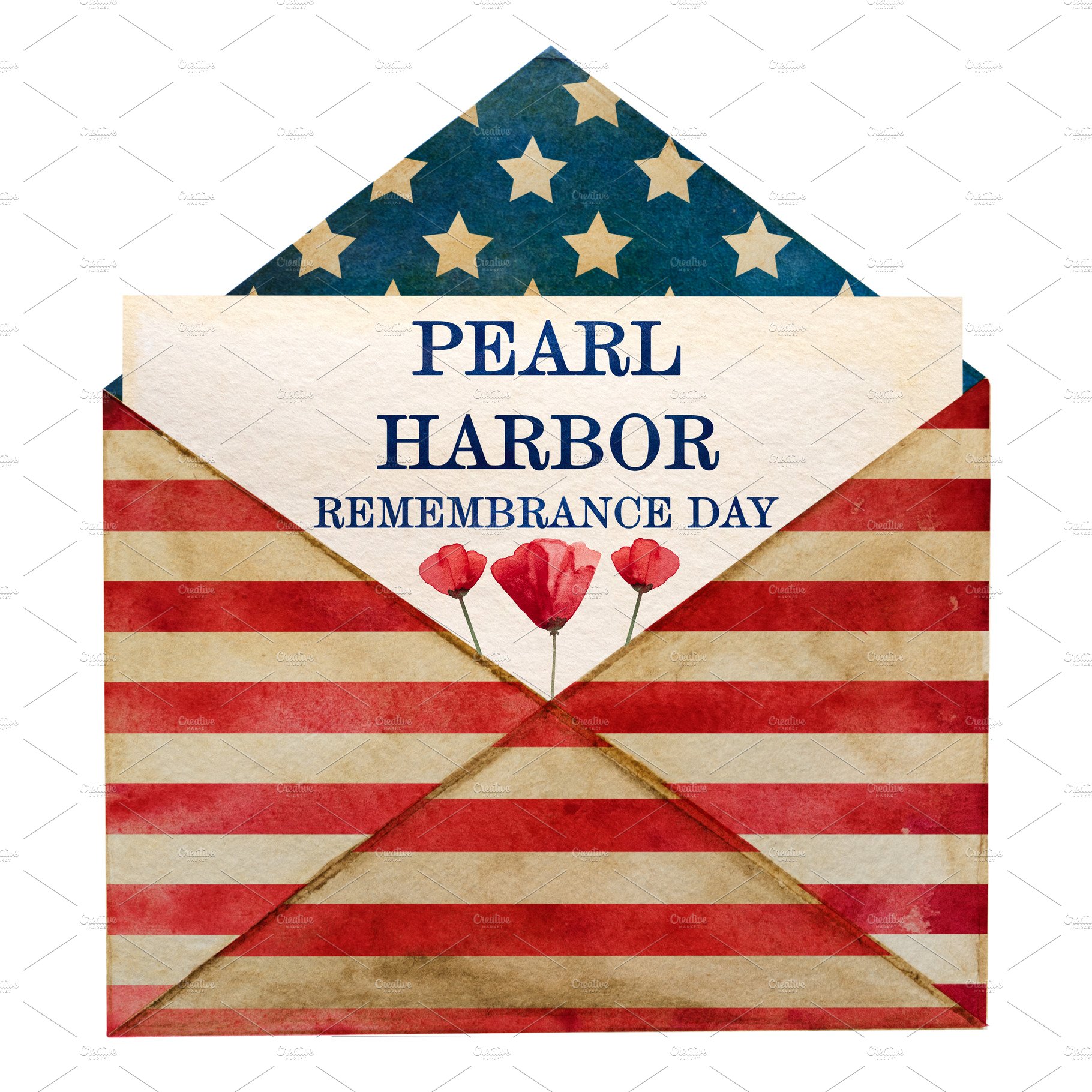 Pearl Harbor Remembrance Day. Greeting inscription. National holiday cover image.