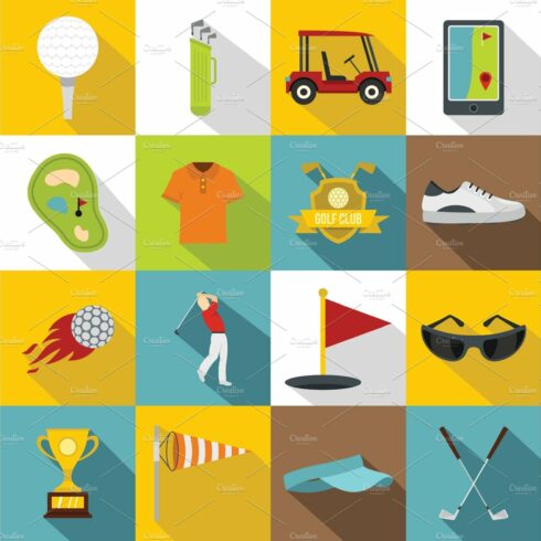 Golf items icons set, flat style cover image.