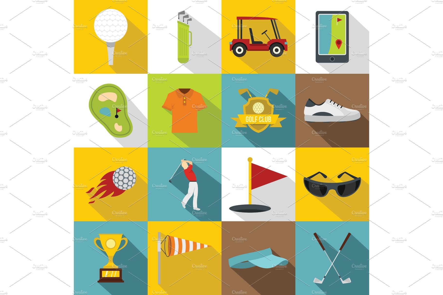 Golf items icons set, flat style cover image.
