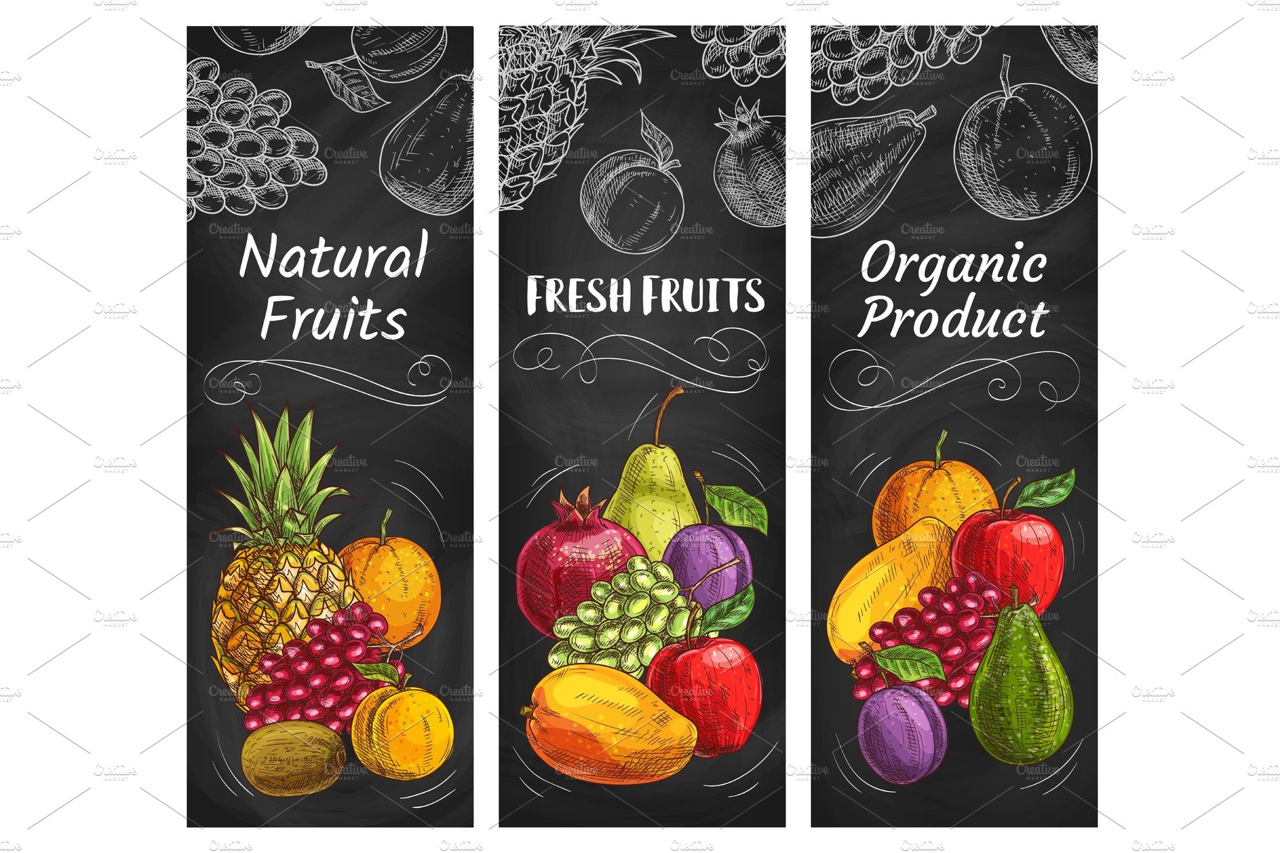 Fruits sketch banners, farm market cover image.