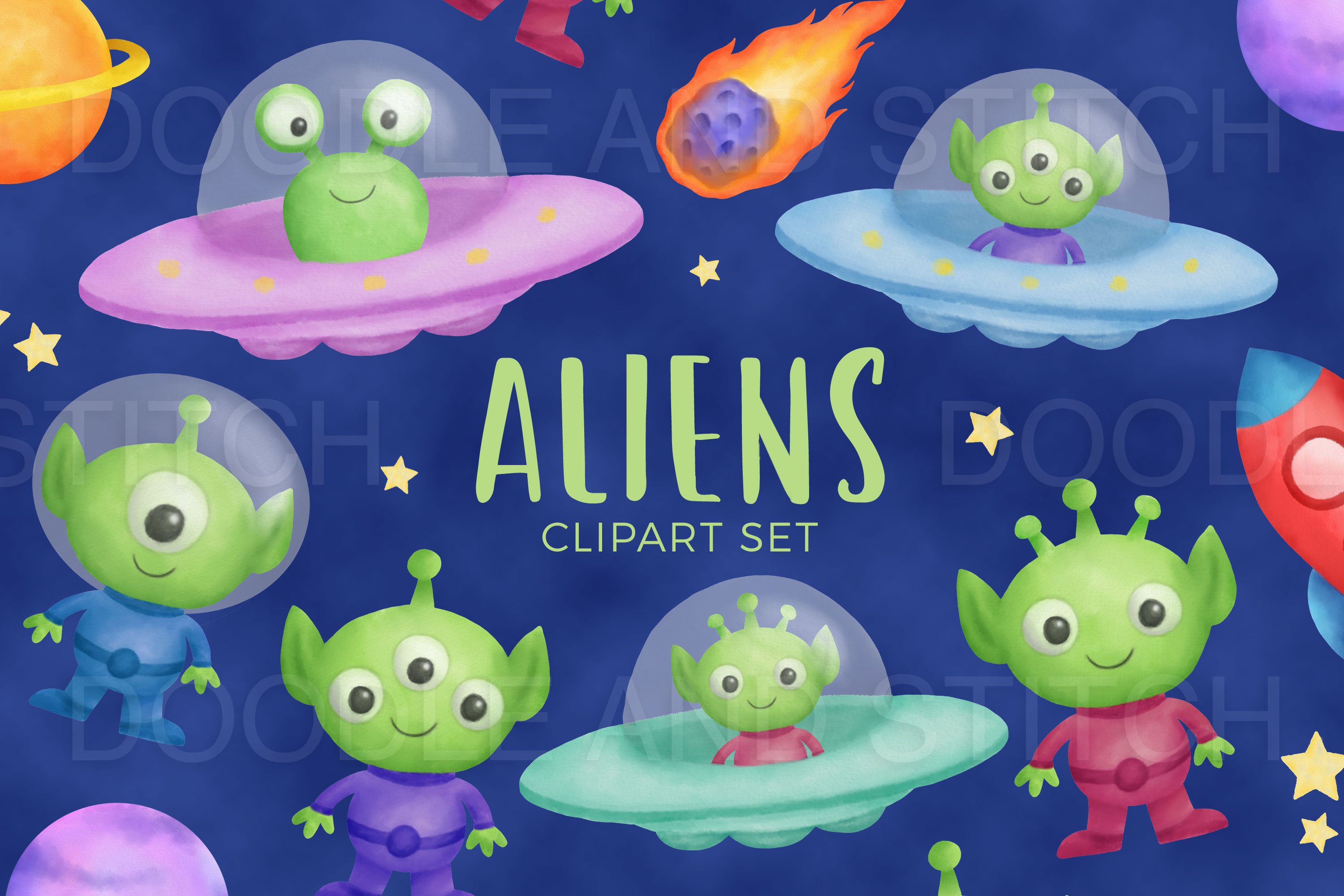 Cute Aliens Clipart Illustrations cover image.