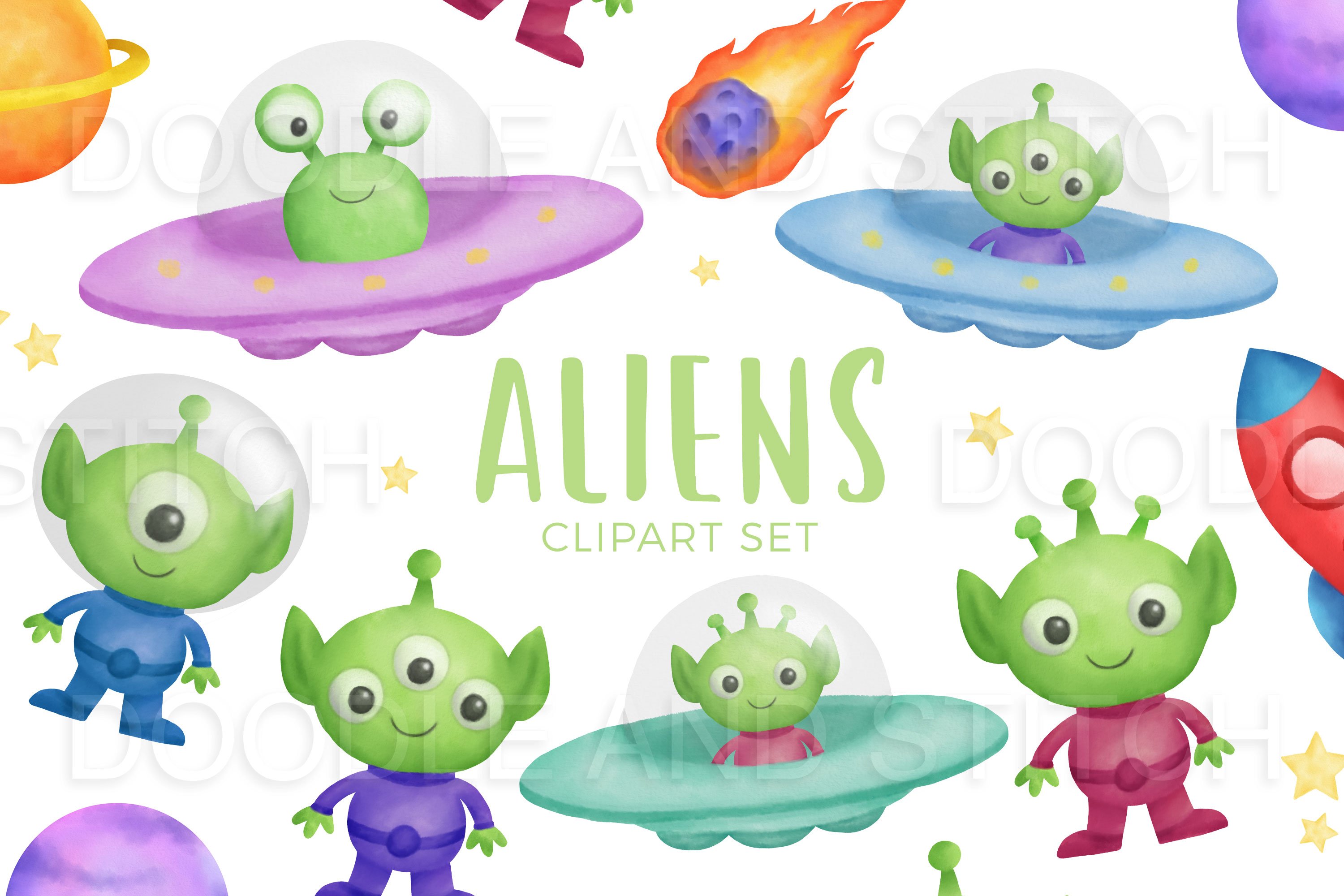 Cute Aliens Clipart Illustrations preview image.
