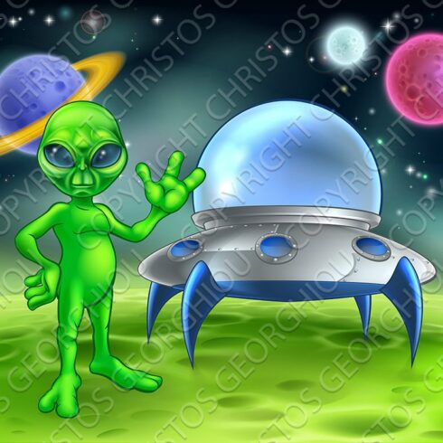 Alien and Flying Saucer on Moon cover image.