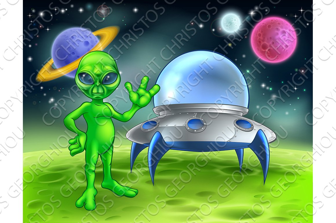 Alien and Flying Saucer on Moon cover image.