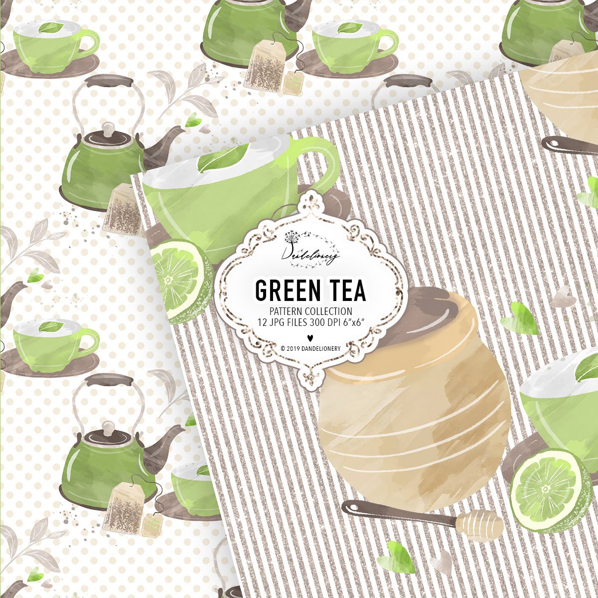 Green Tea digital paper pack preview image.