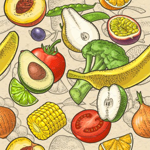 Seamless pattern fruits and cover image.