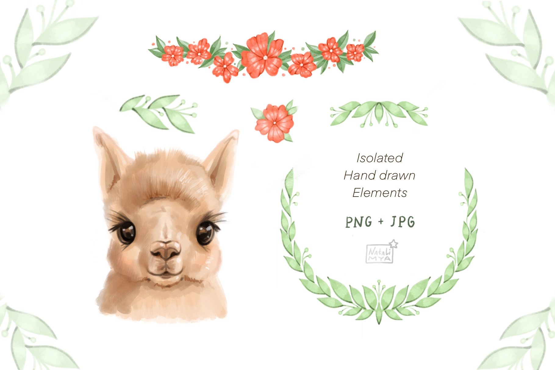 Cute alpaca digital cliparts preview image.