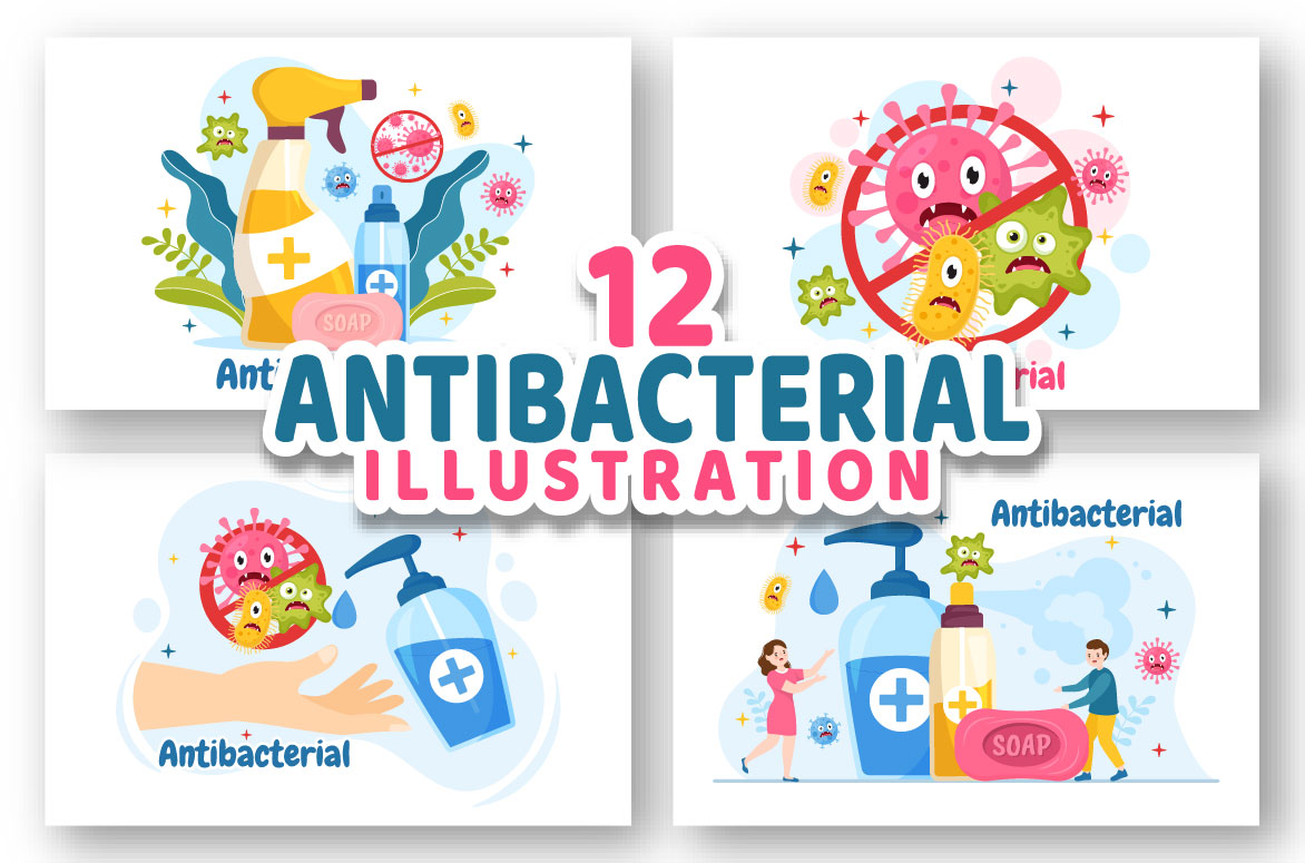 Series of illustrations depicting antibacterial illustrations.