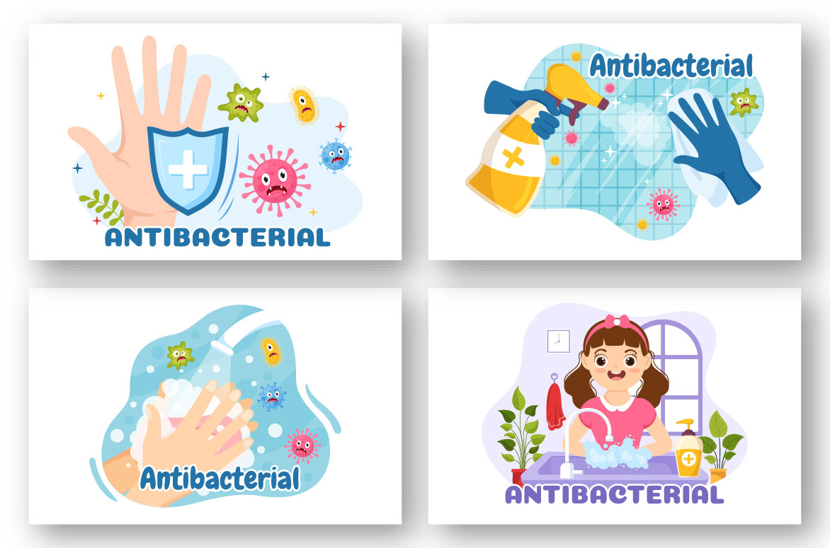 Four stickers depicting different types of antibacterial.