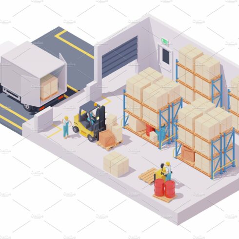 Vector isometric warehouse interior cover image.