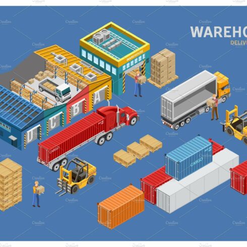 Isometric warehouse and logistics cover image.