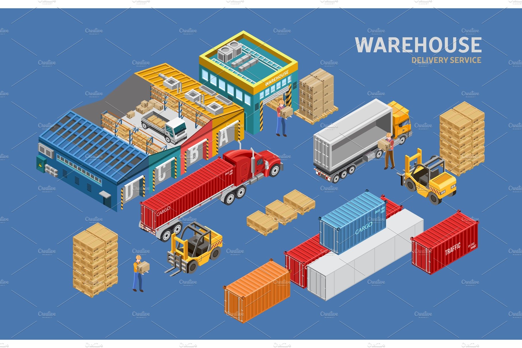 Isometric warehouse and logistics cover image.