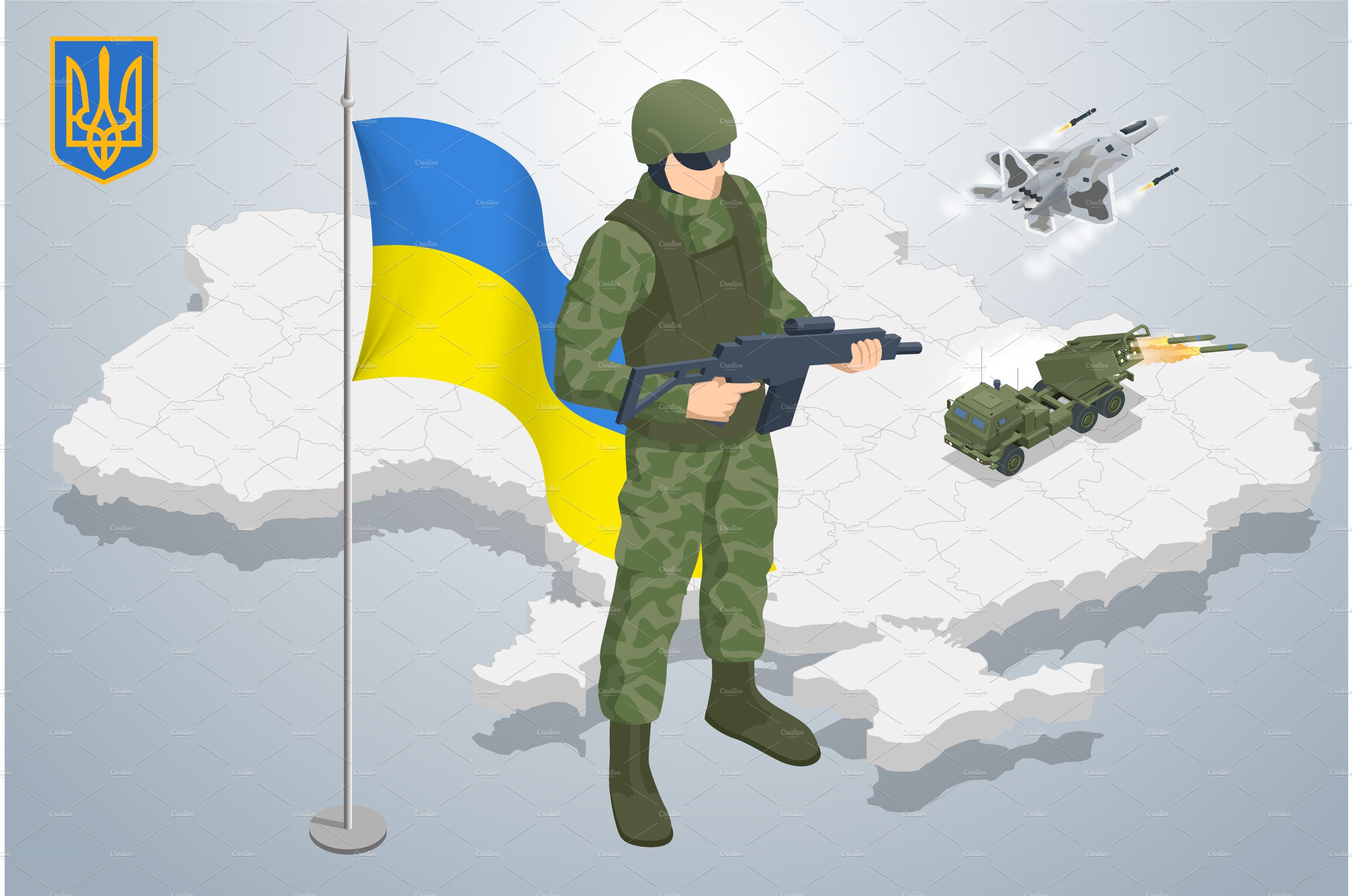 Isometric Ukrainian soldier on the cover image.
