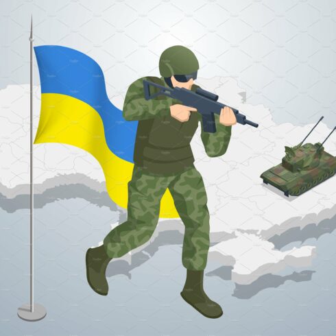 Isometric Ukrainian soldier on the cover image.