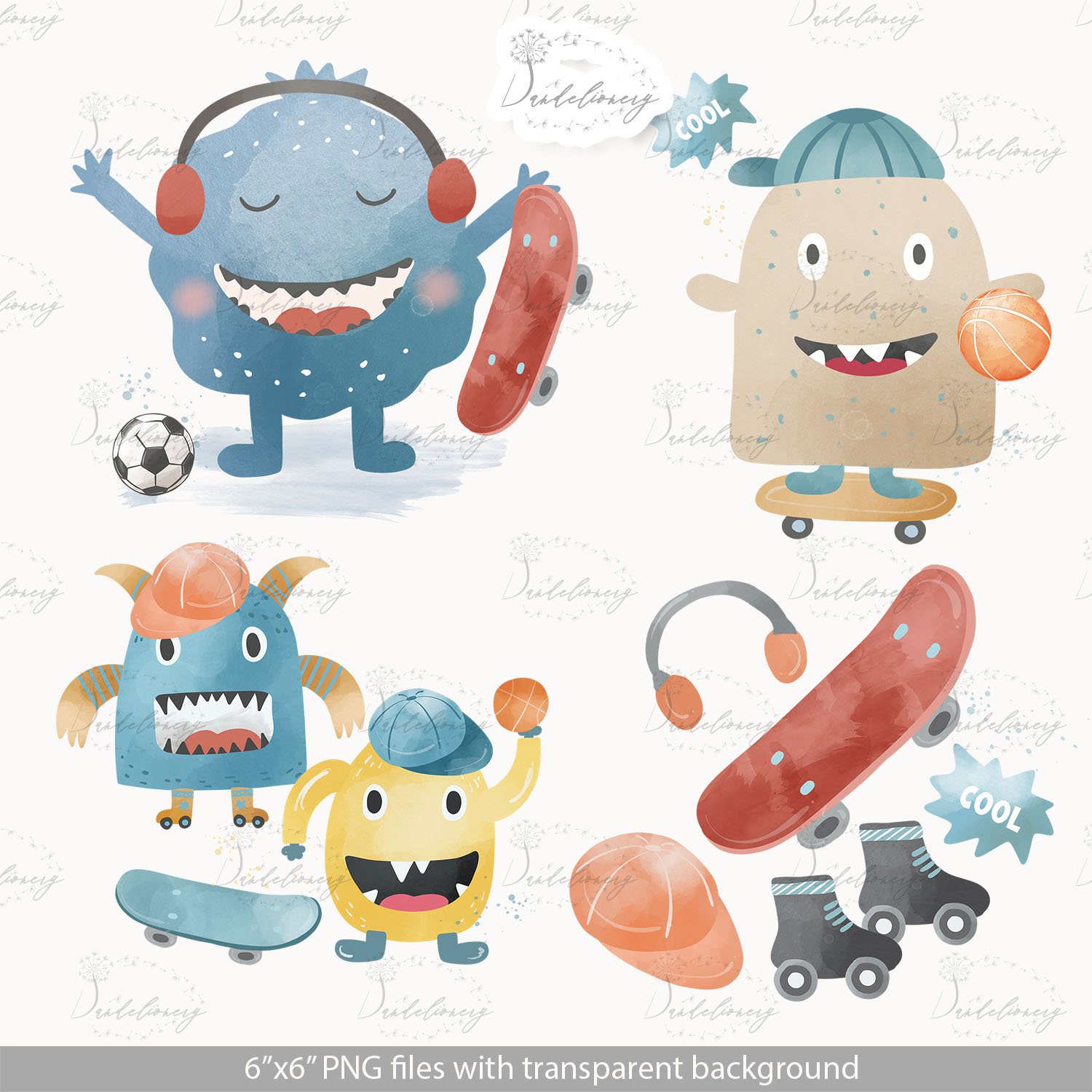 Watercolor Cool Monsters design preview image.