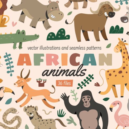 African animals cartoon illustration cover image.