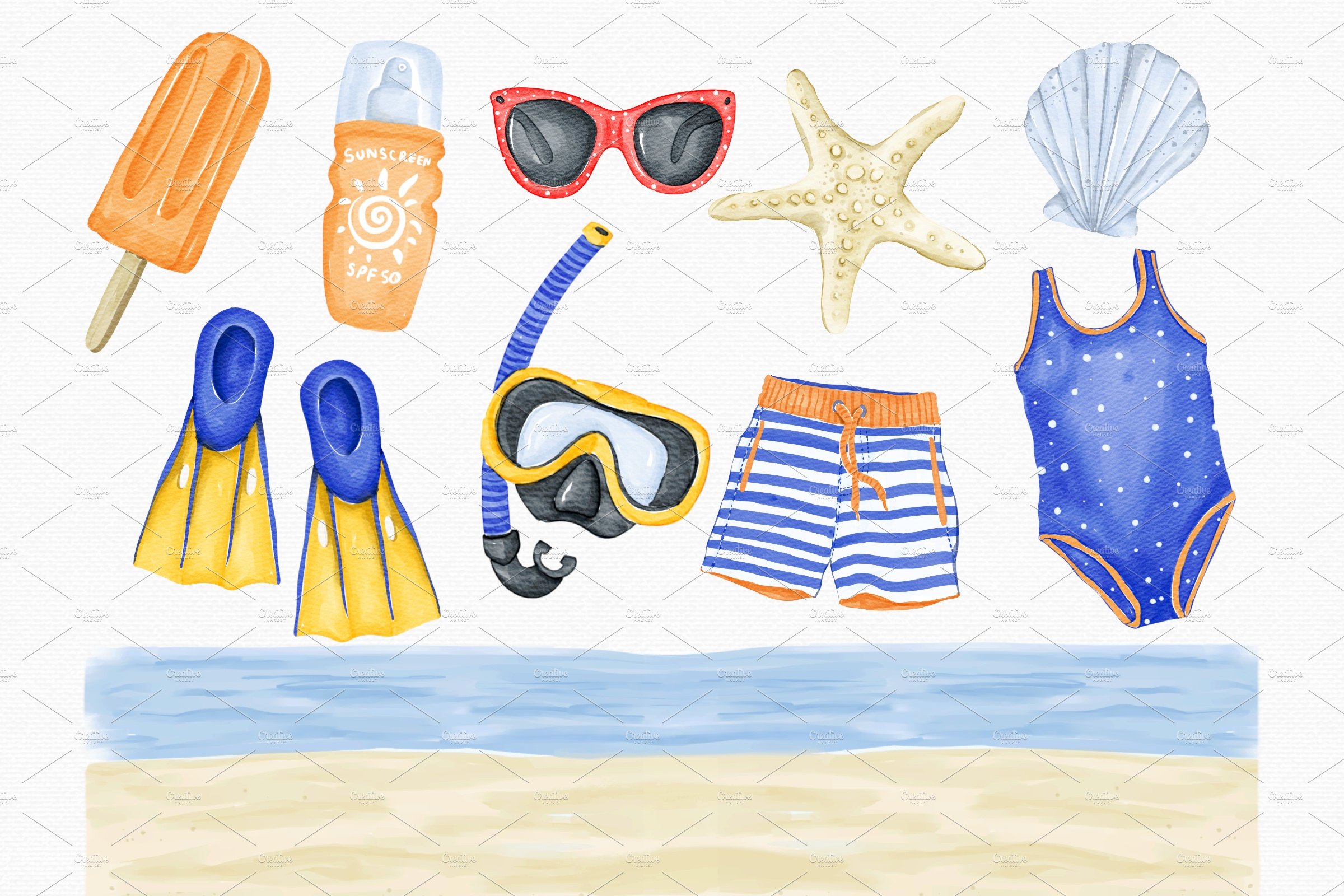 Watercolor Summer Beach Set preview image.