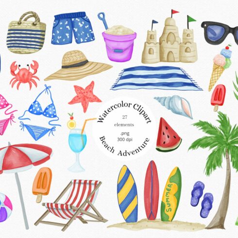 Watercolor Beach Vacation Clipart cover image.