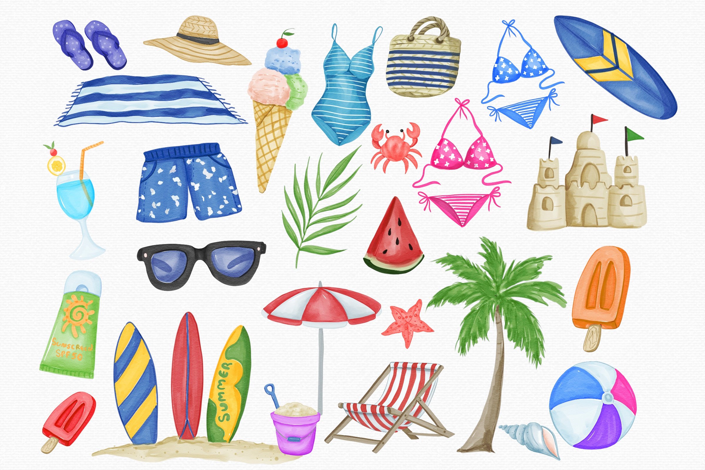 Watercolor Beach Vacation Clipart preview image.