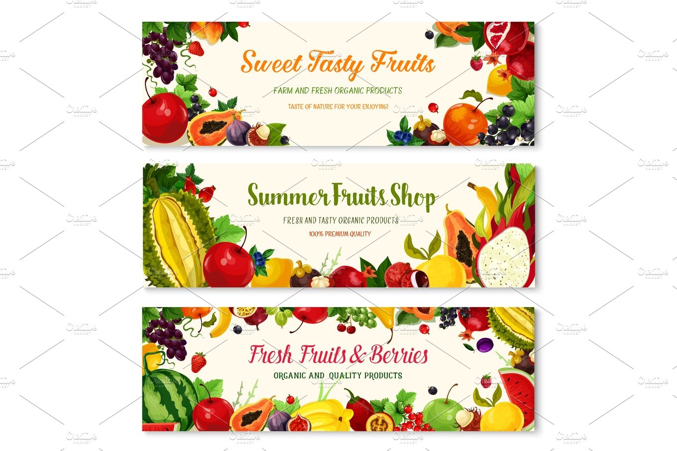 Fruits and berries vector farm banners templates cover image.