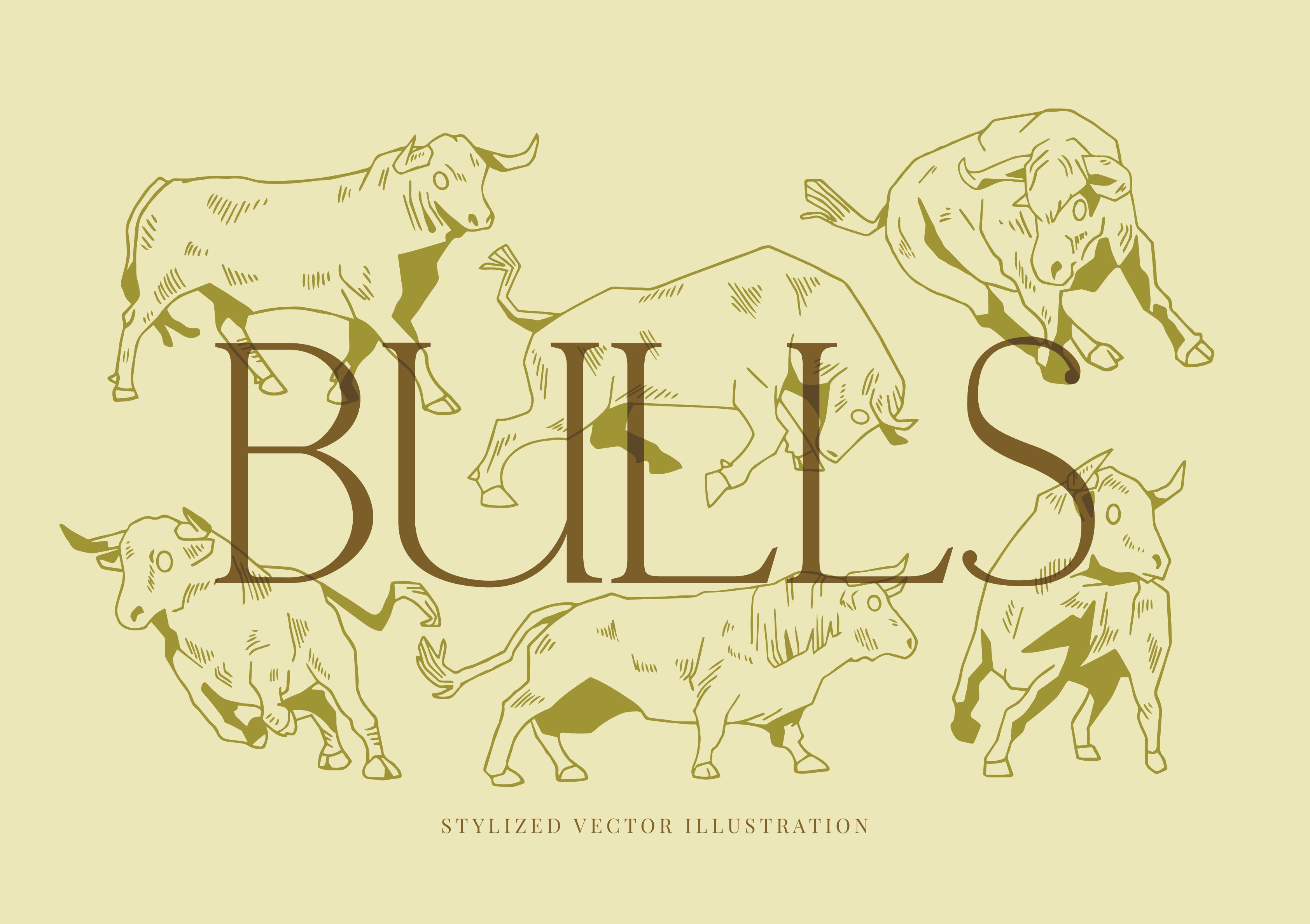 Stylized vector bull illustrations cover image.