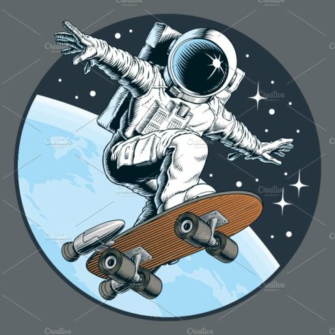 Astronaut rides on skateboard vector cover image.