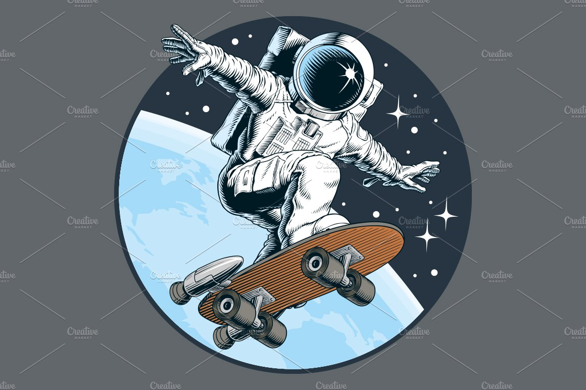 Astronaut rides on skateboard vector cover image.