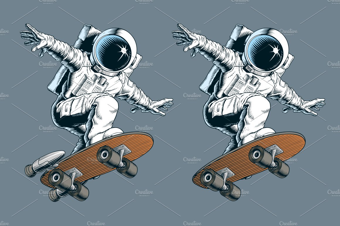 Astronaut rides on skateboard vector preview image.