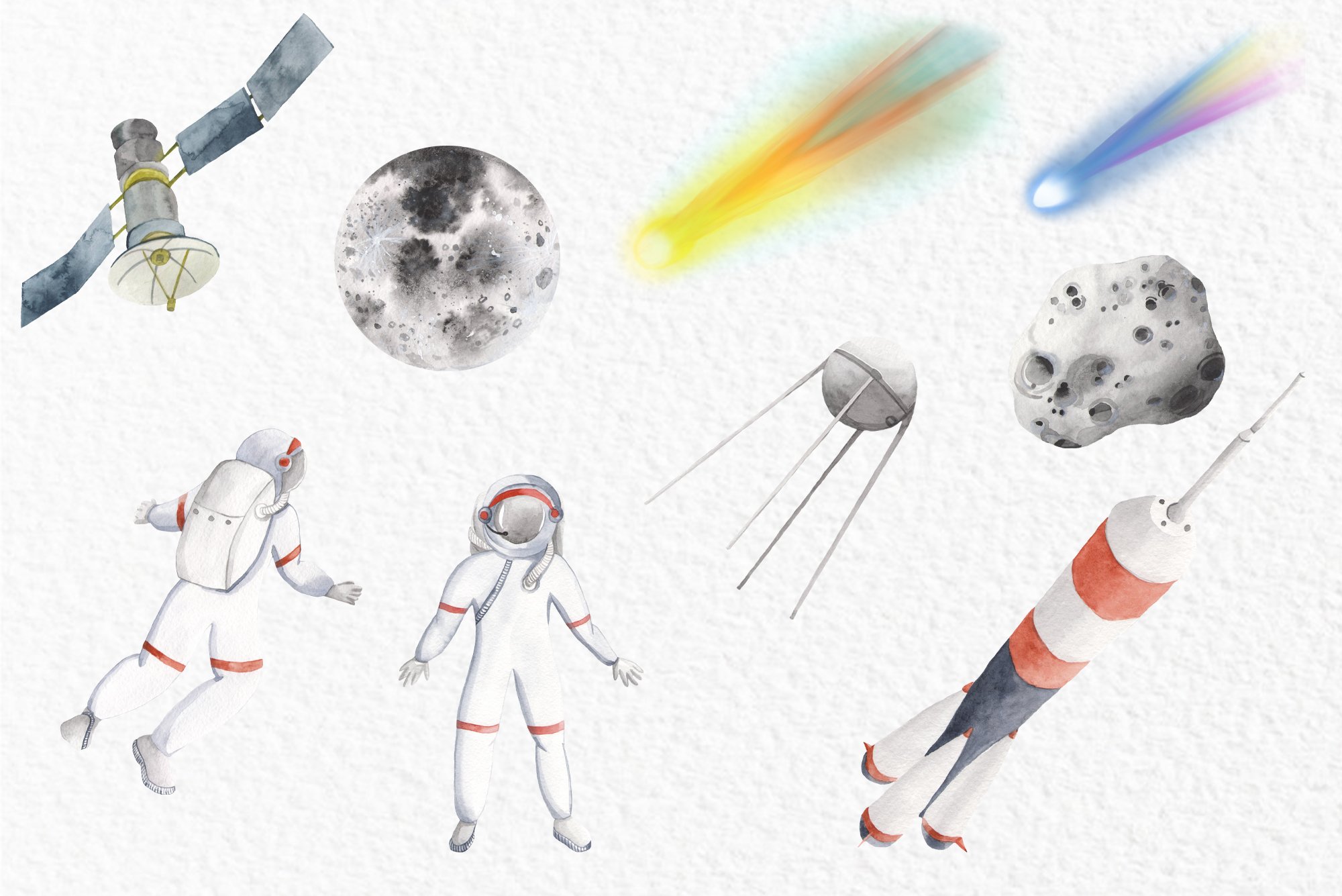 astronaut spaceship moon satellites meteorite space comets watercolor clipart 644