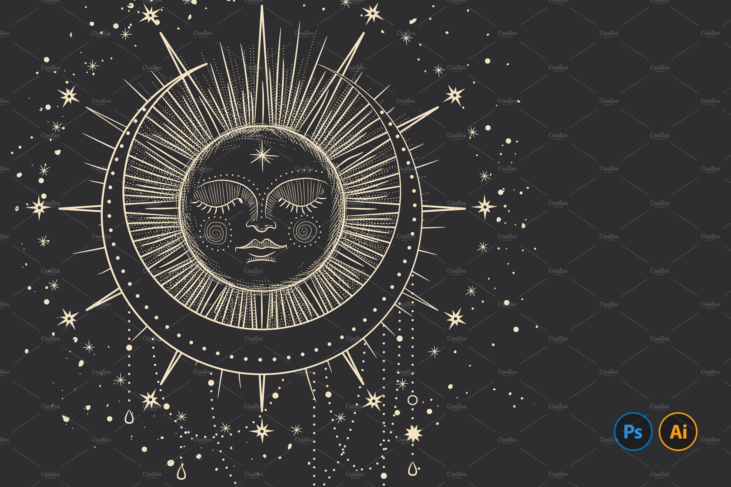 The sleeping sun and moon. Engraving cover image.