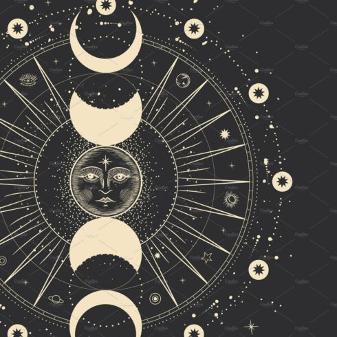 Sun and moon phases. Engraving cover image.