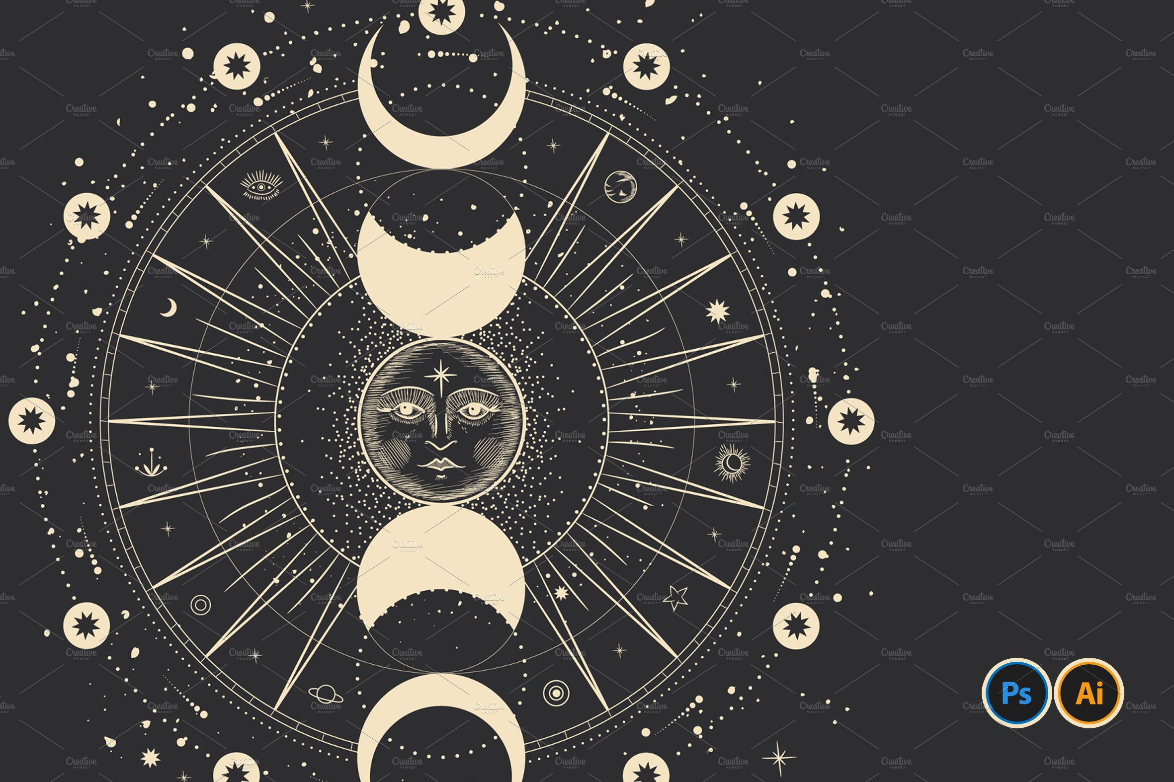Sun and moon phases. Engraving cover image.