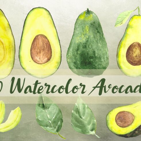10 Watercolor Avocado Clip Art Set cover image.