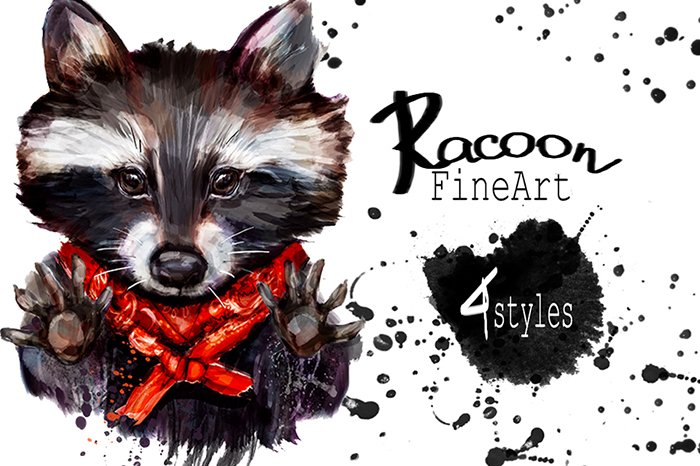Set racoon fineart .4 styles cover image.