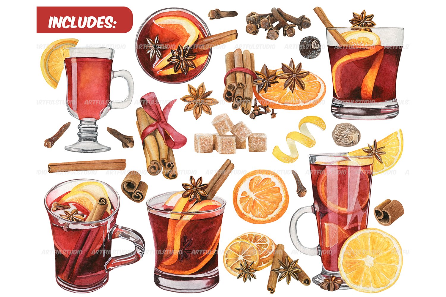 Watercolor mulled wine clipart set preview image.