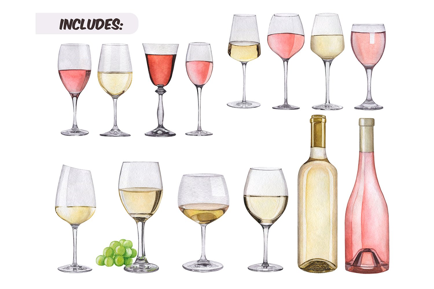 Watercolor white & rose wine clipart preview image.