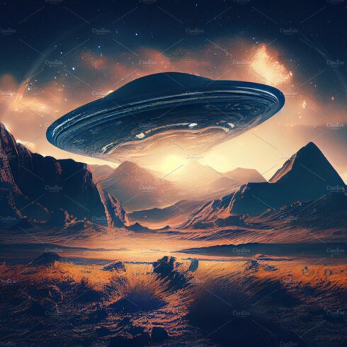 UFO invasion on planet earth landscape. Flying saucer flying close to the E... cover image.