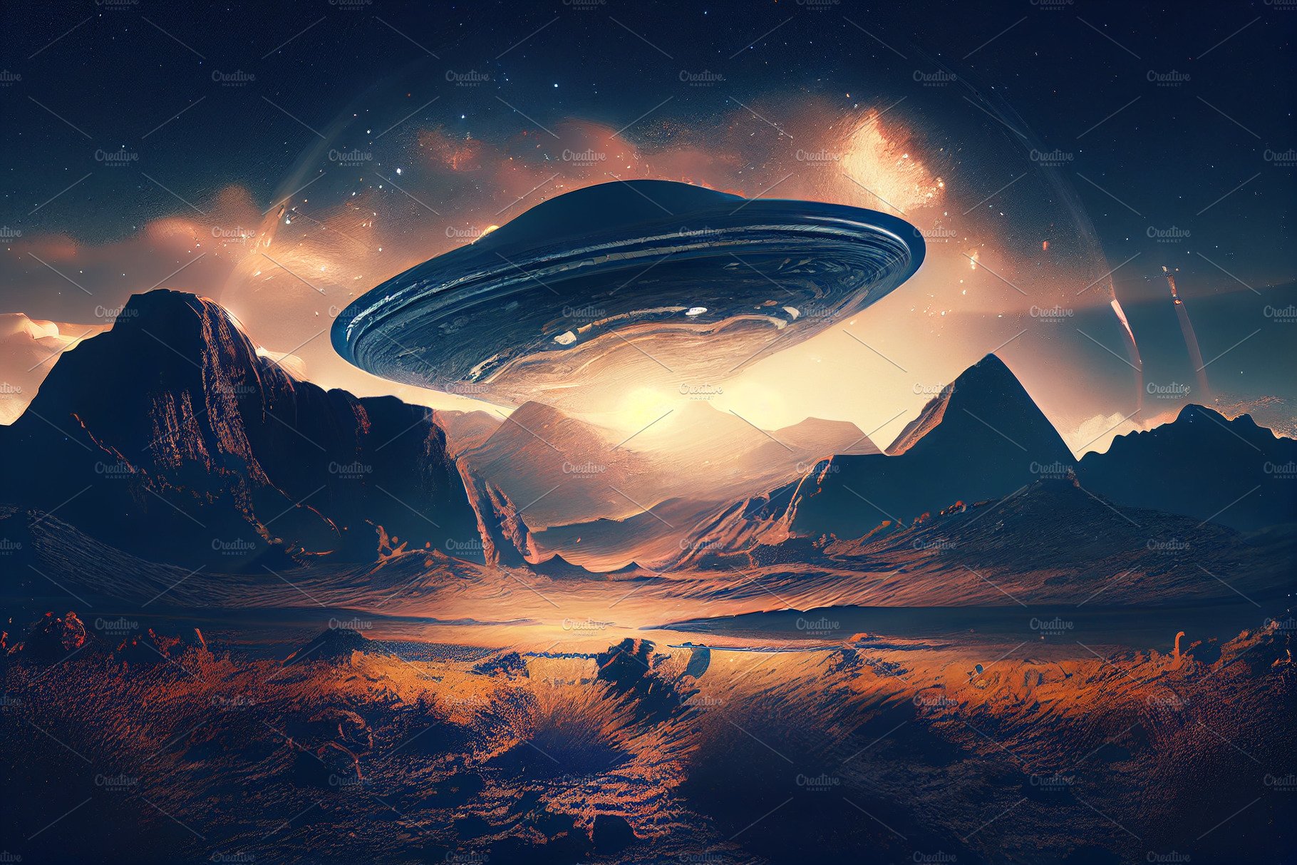 UFO invasion on planet earth landscape. Flying saucer flying close to the E... cover image.