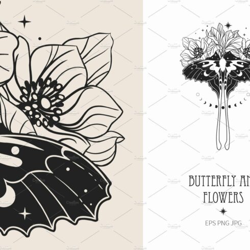 Black moth with flowers. Vector art cover image.