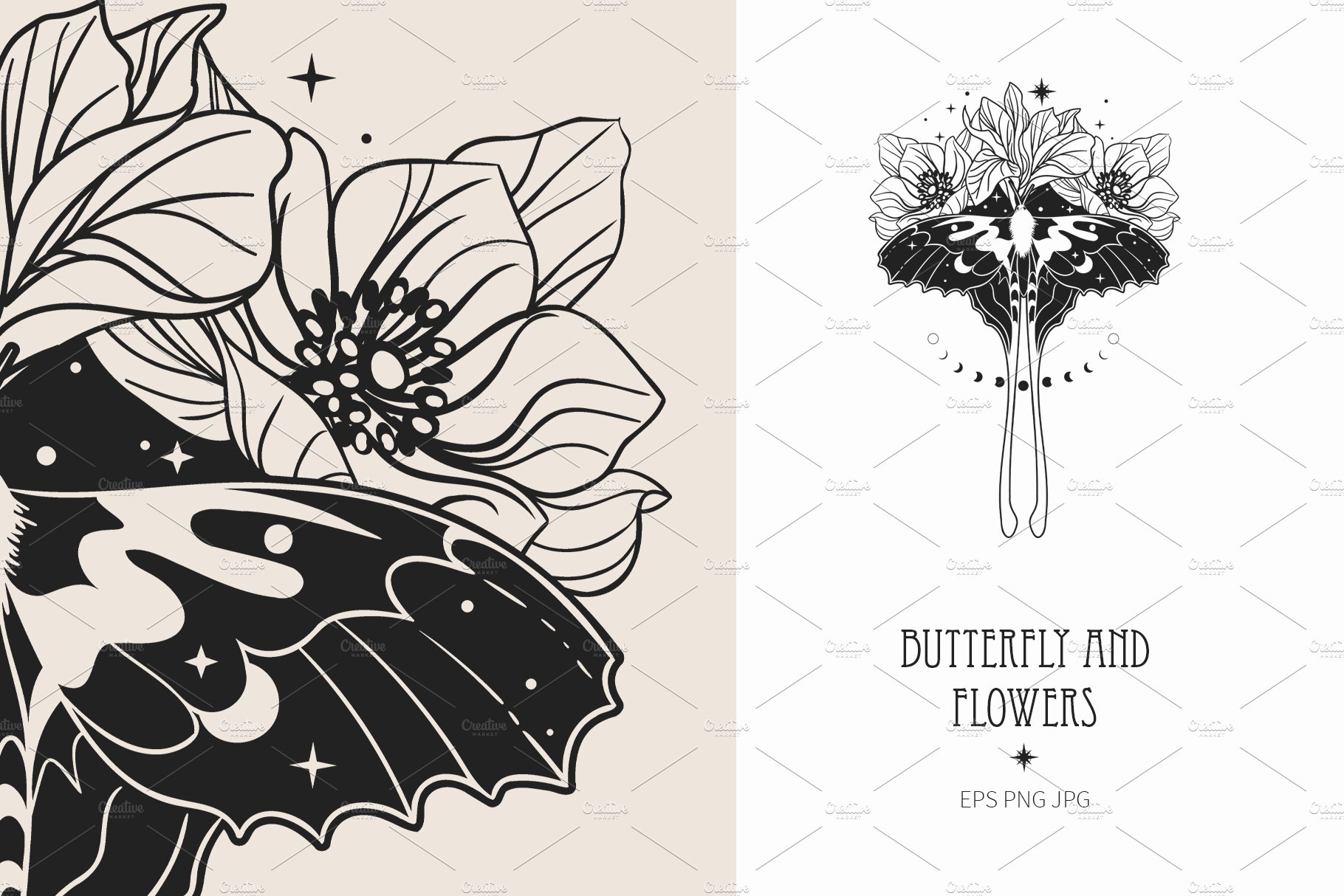 Black moth with flowers. Vector art cover image.