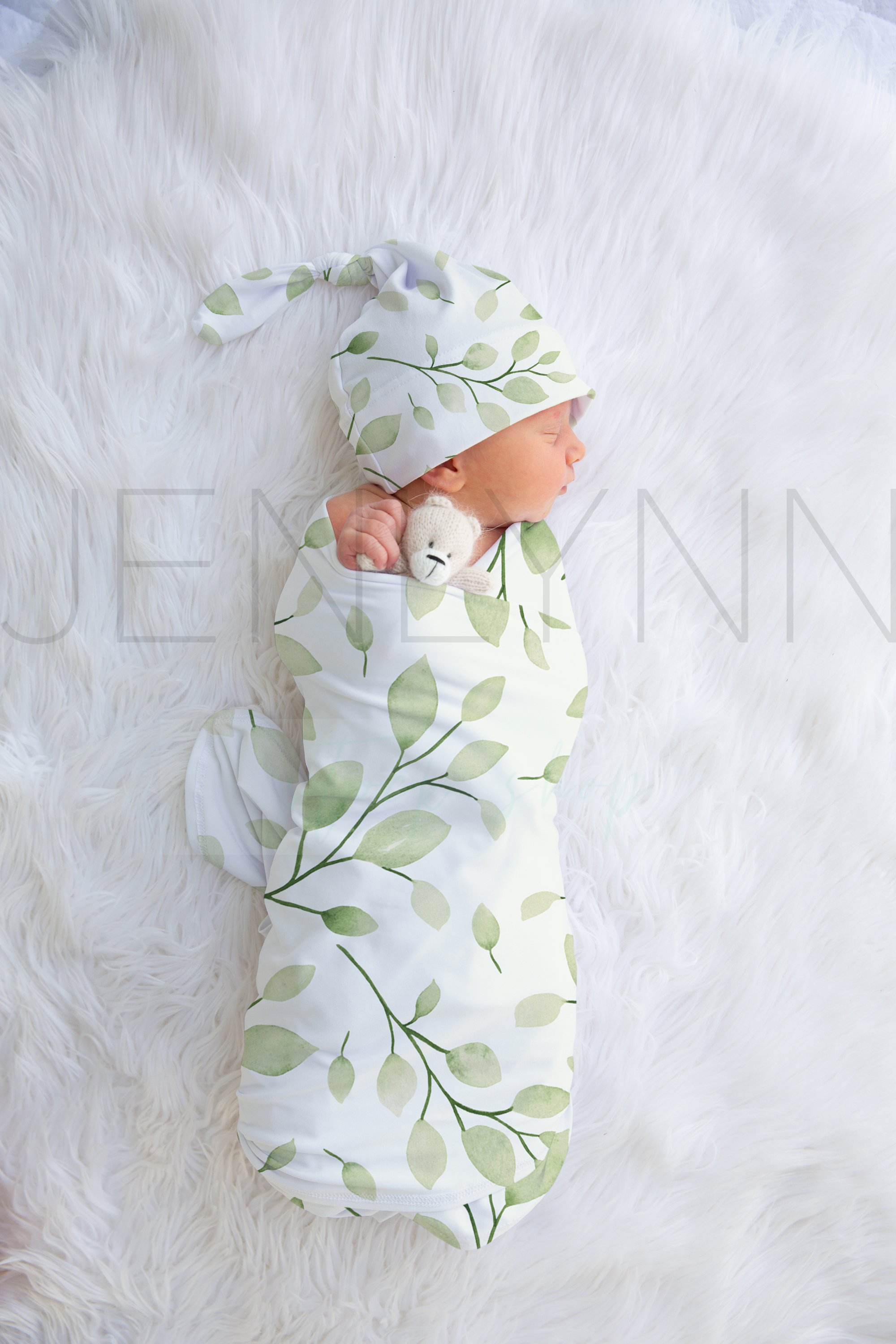 Swaddle blanket + Knotted Hat mockup preview image.