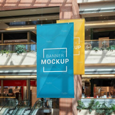 Banner mockups hanged inside mall cover image.